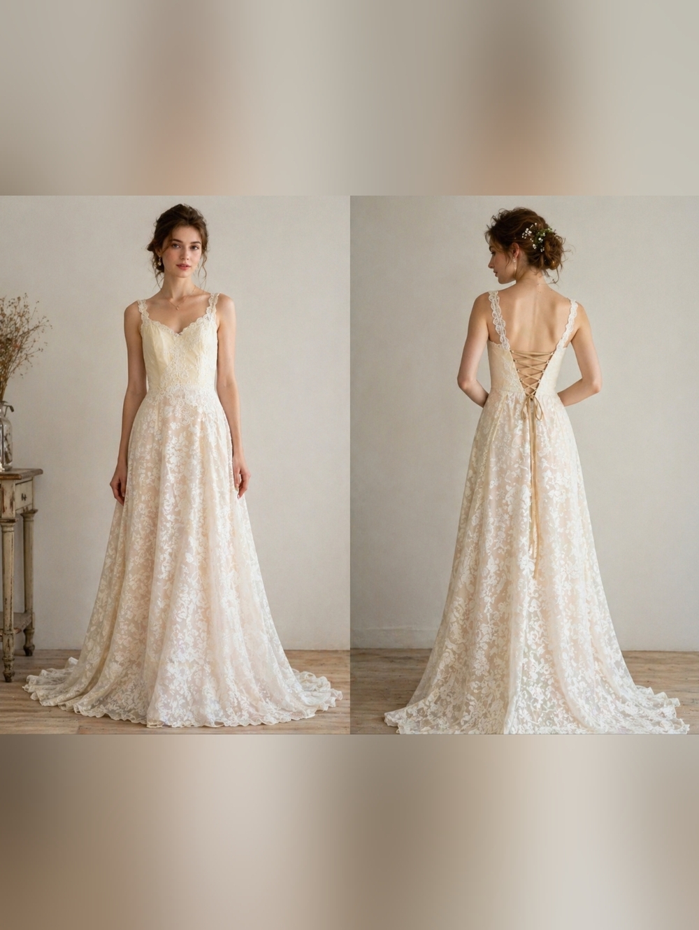 Vintage Lace Corset Back Wedding Dress Ivory Blush Floral A-Line Romantic Gown